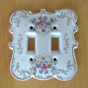 White porcelain gold trimmed double socket light switch cover - pink floral -MCM
